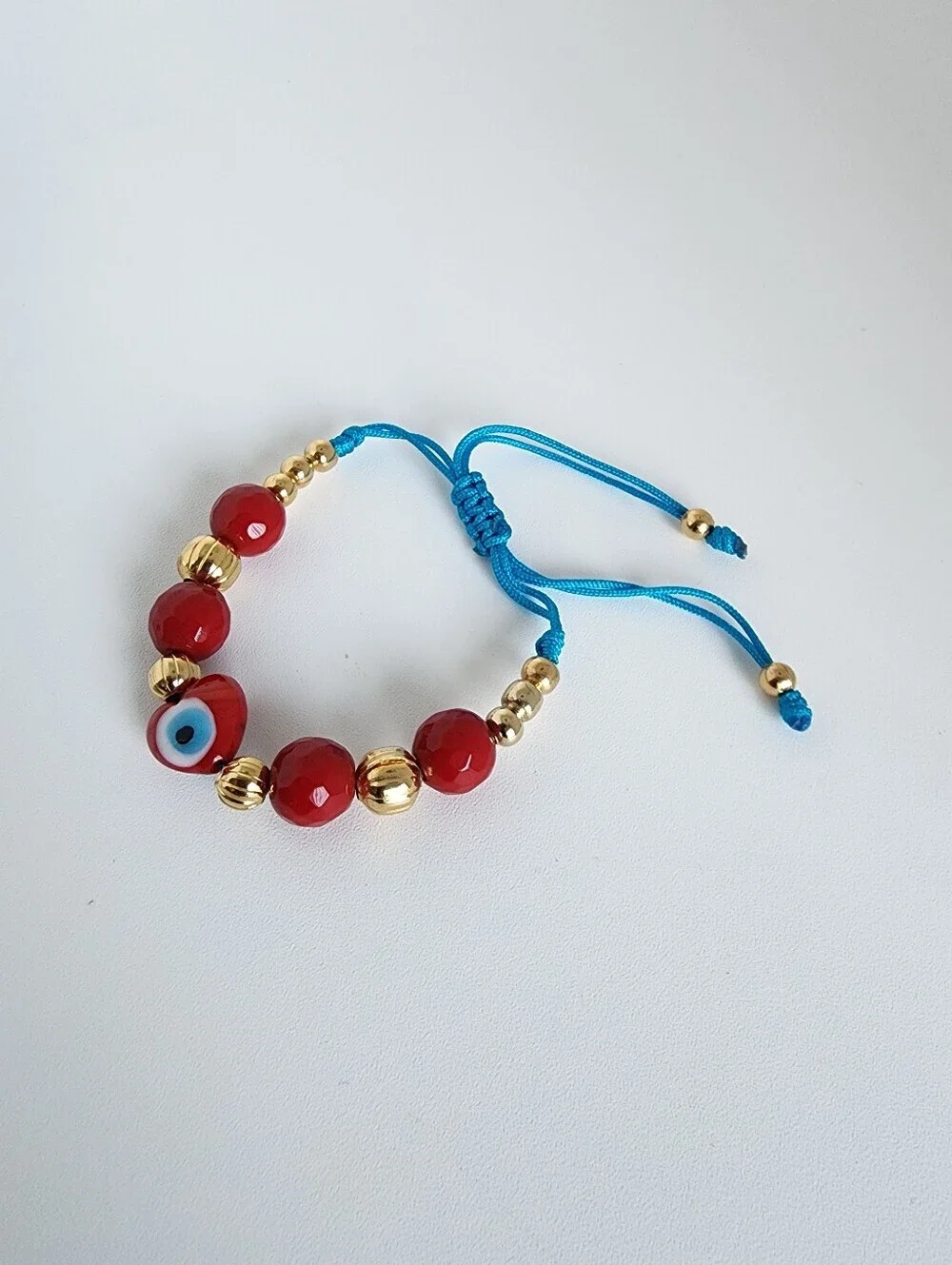 Evil Eye Red Beaded Adjustable Bracelet Gold Tone Boho Chic